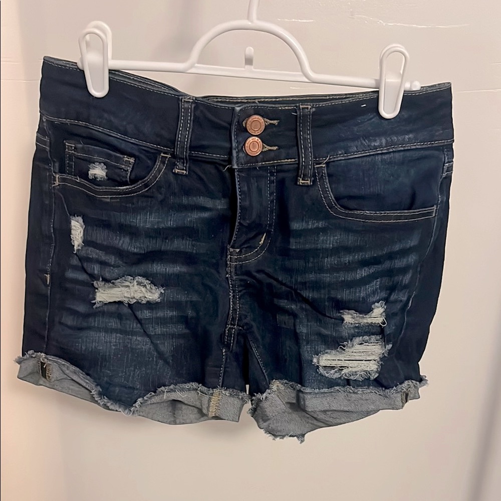Distressed Denim Shorts - Dark Blue